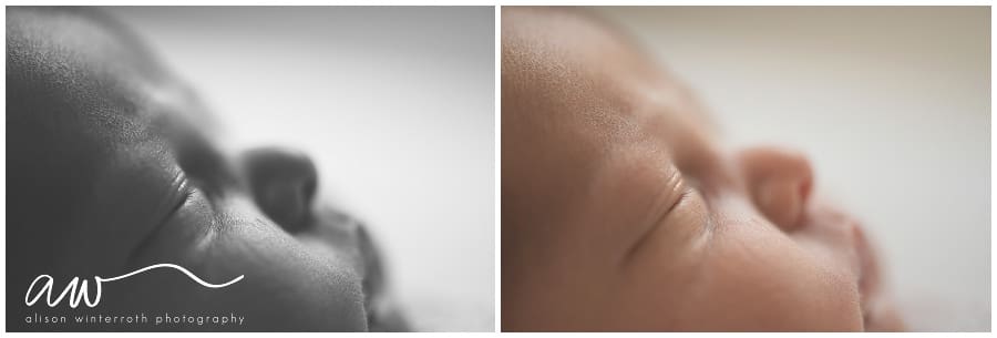 Black and white profile image of a newborn baby next to a color image of the same baby. 