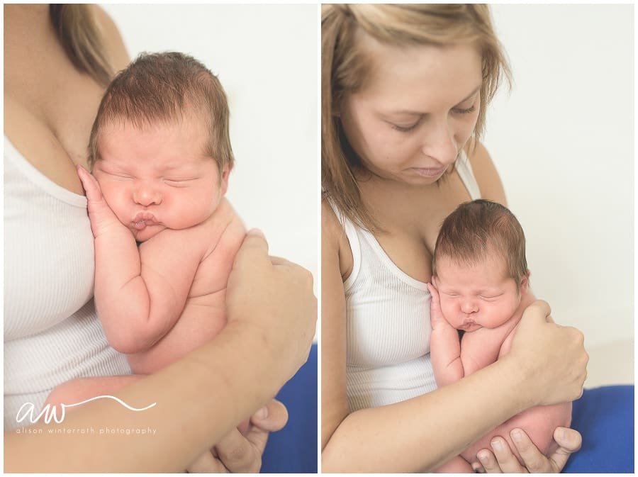 A baby boy snuggles on his mom's chest in a south tampa newborn photography studio.