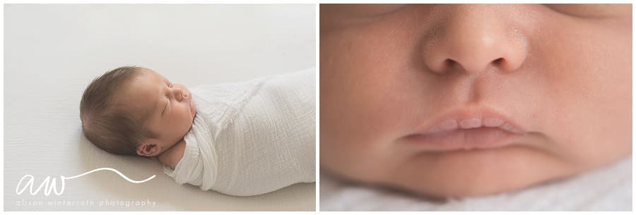 A newborn baby is swaddled and laying on a white blanket with a close up of his mouth and nose.