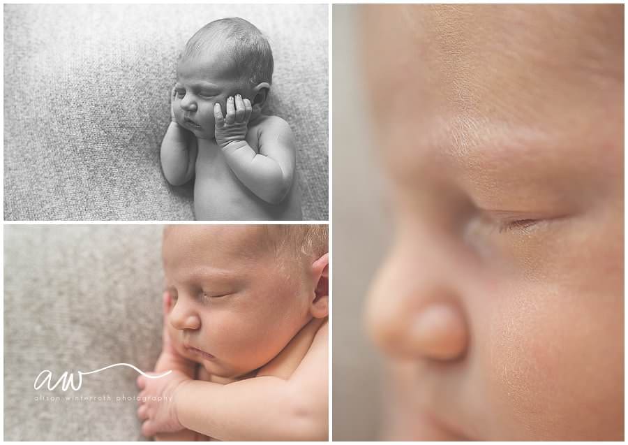 collage of newborn baby on a white blanket