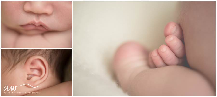 Close ups of a newborn baby's feet, ears and mouth.