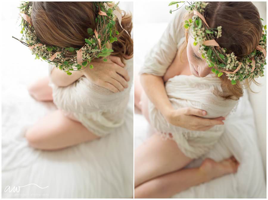 Pregnant mom on a bed with a flower crown.