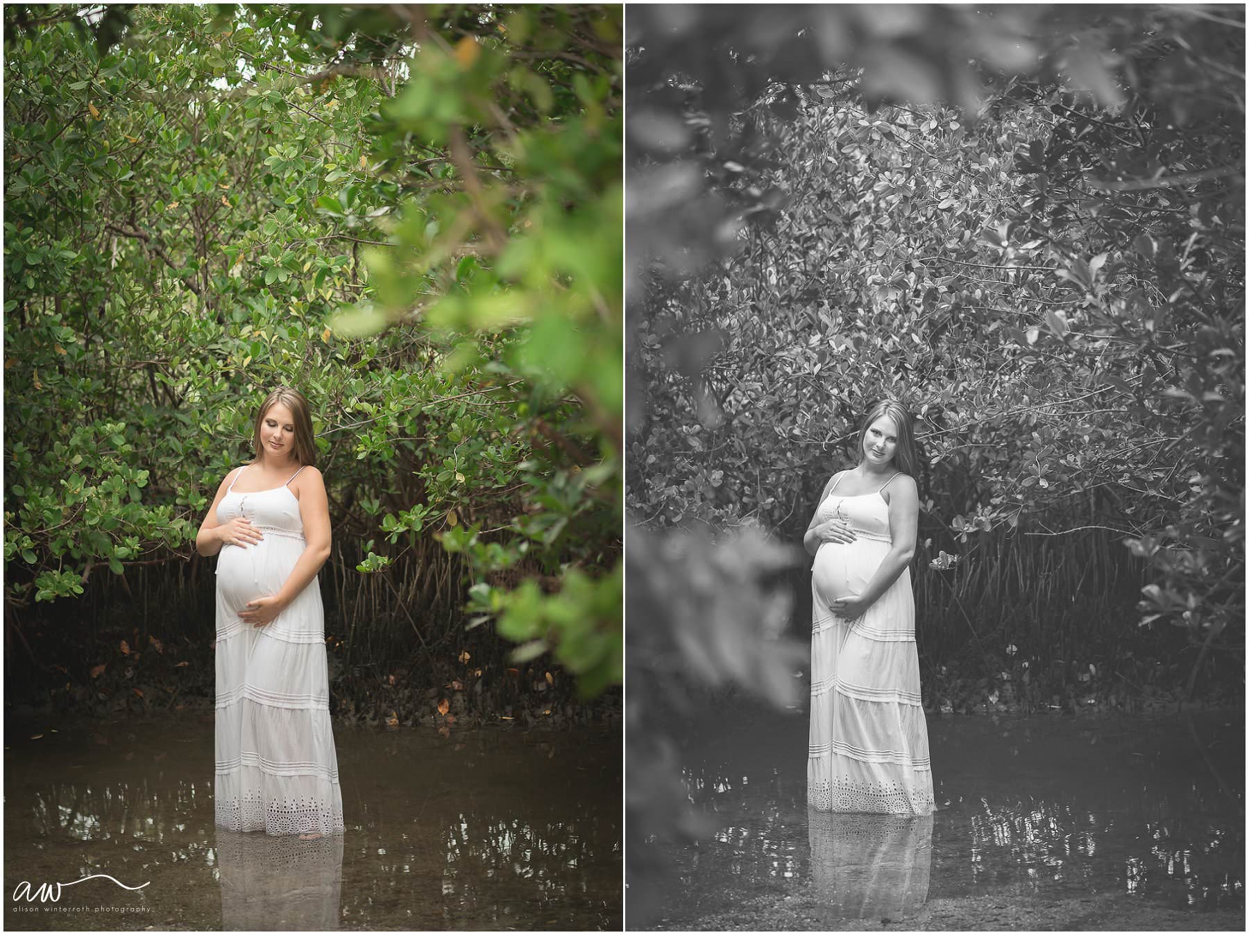 A pregnant mom in the mangroves at the beach in South Tampa Fl.