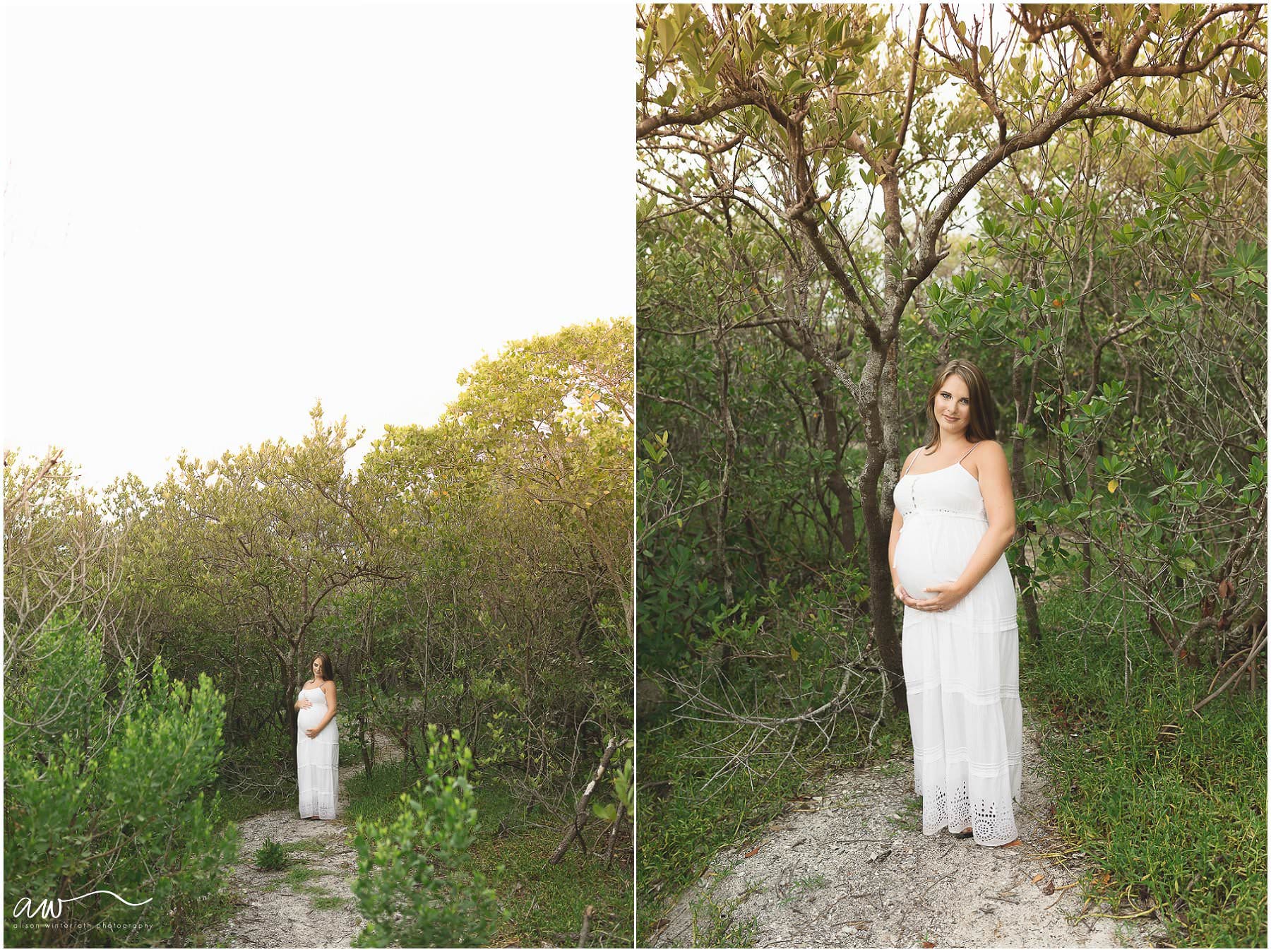 Pregnancy Pictures of a mom in a white dress in Tampa, FL at the beach.