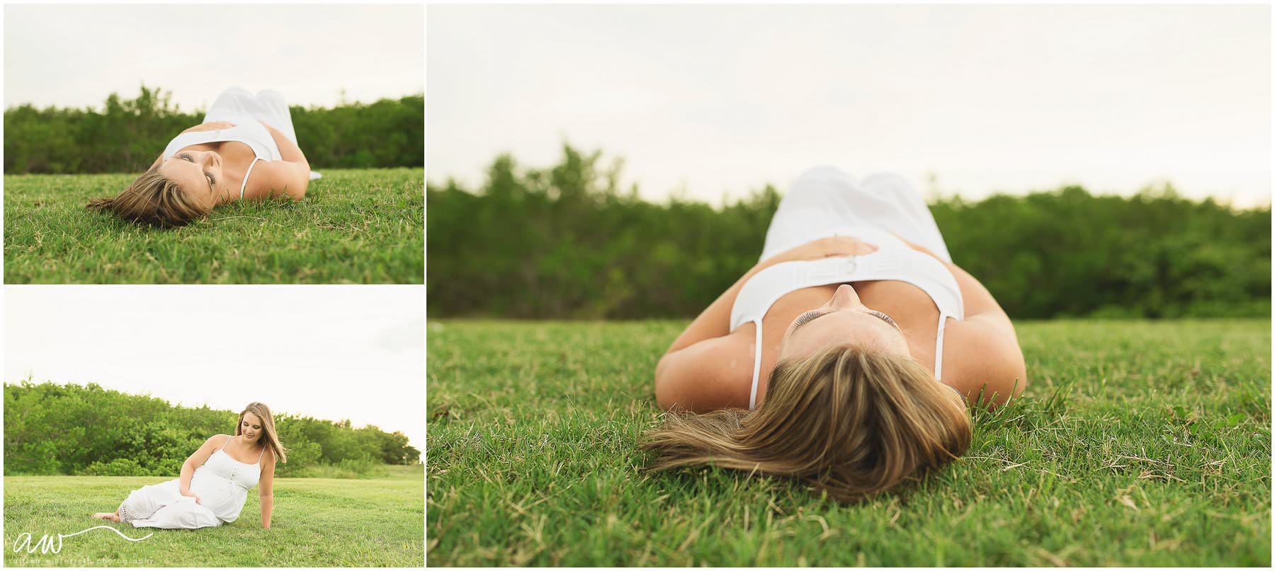Mom laying in the grass at the beach having her picture taken.