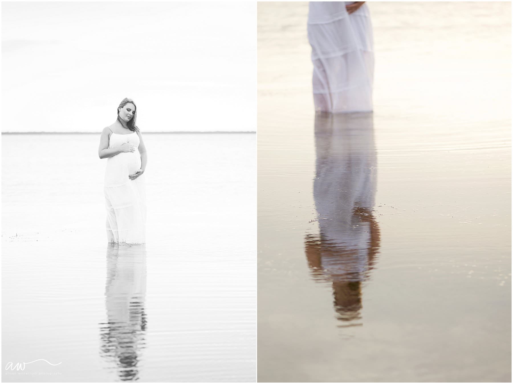 mother in a maternity dress in the water at picnic island.