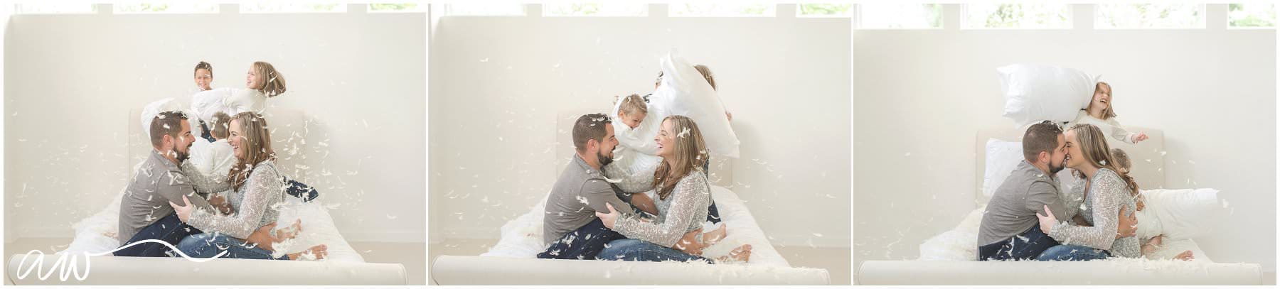 sequence of images during a family pillow fight with feathers everywhere