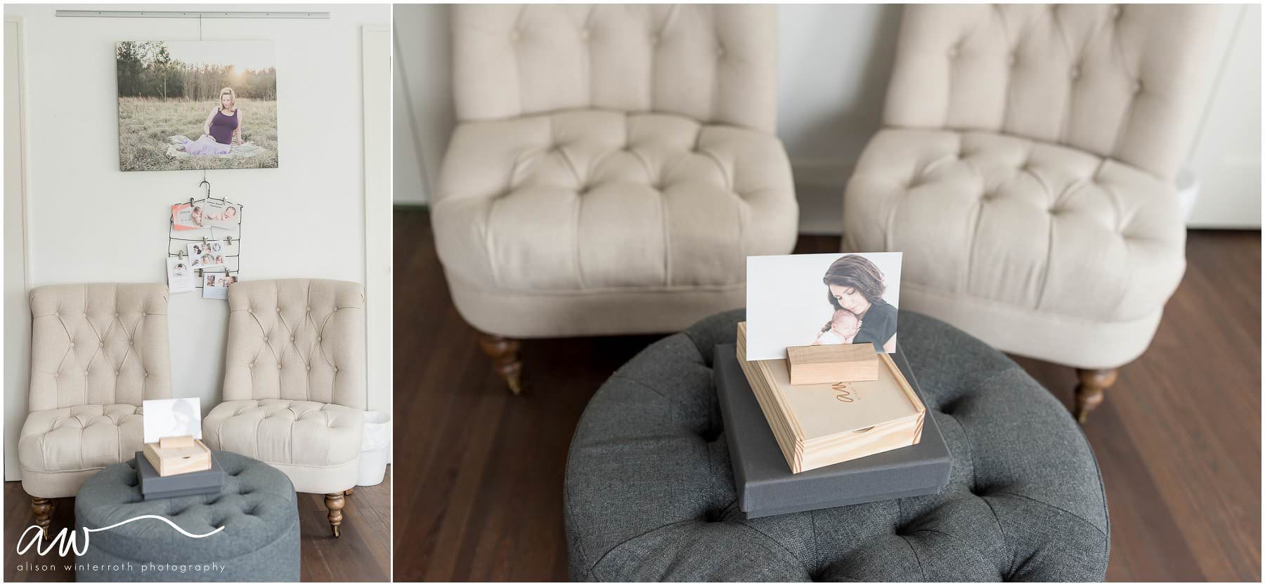 Linen chairs in newborn studio