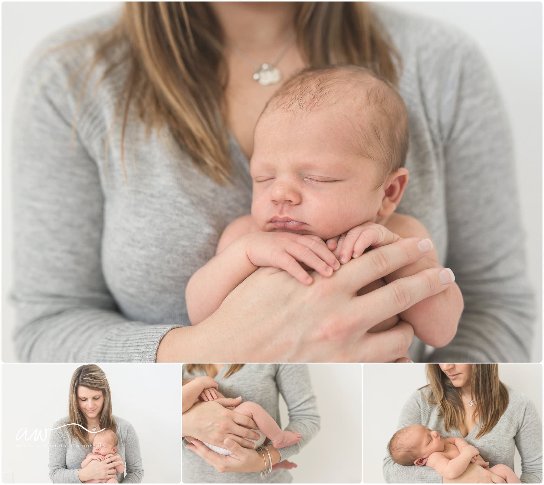 a mother wearing grey at her newborn session