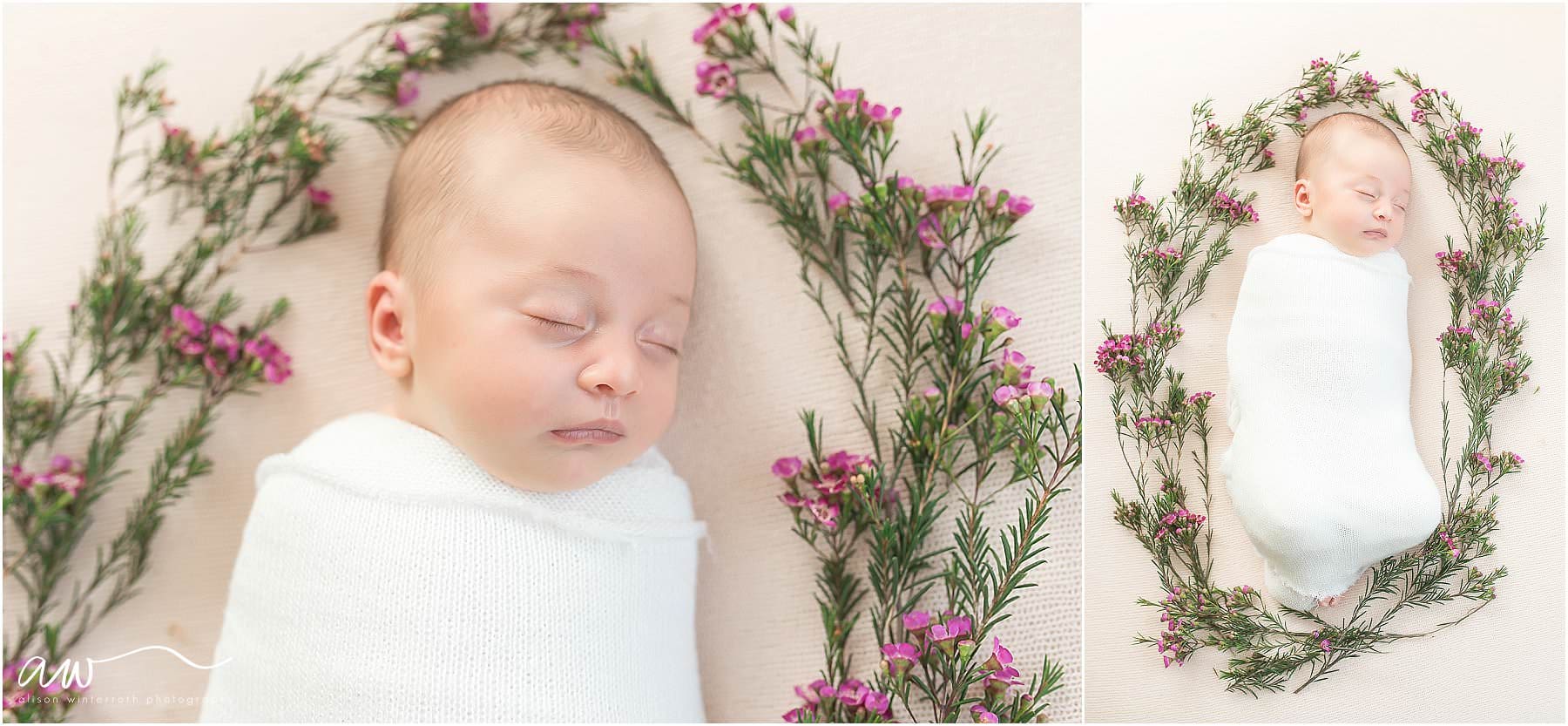 a tiny baby on a pink blanket lays with flowers