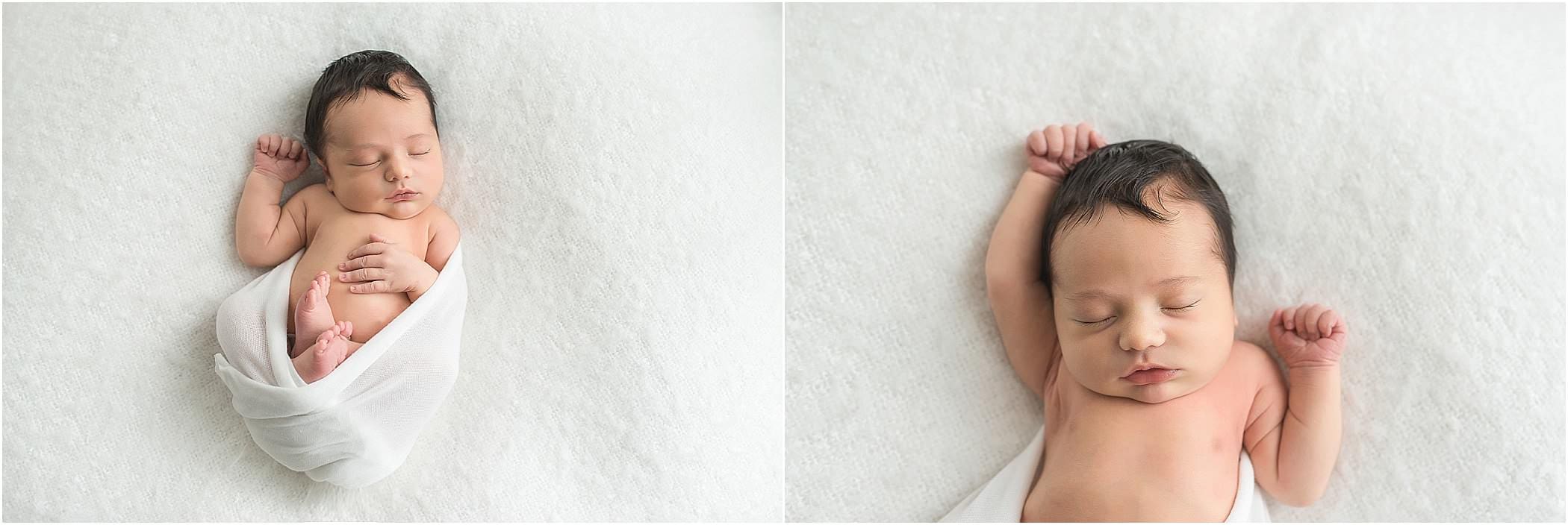 A small little newborn baby photographed with dark hair