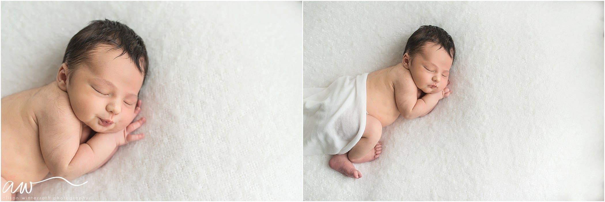 soft white newborn photography session with brown hair