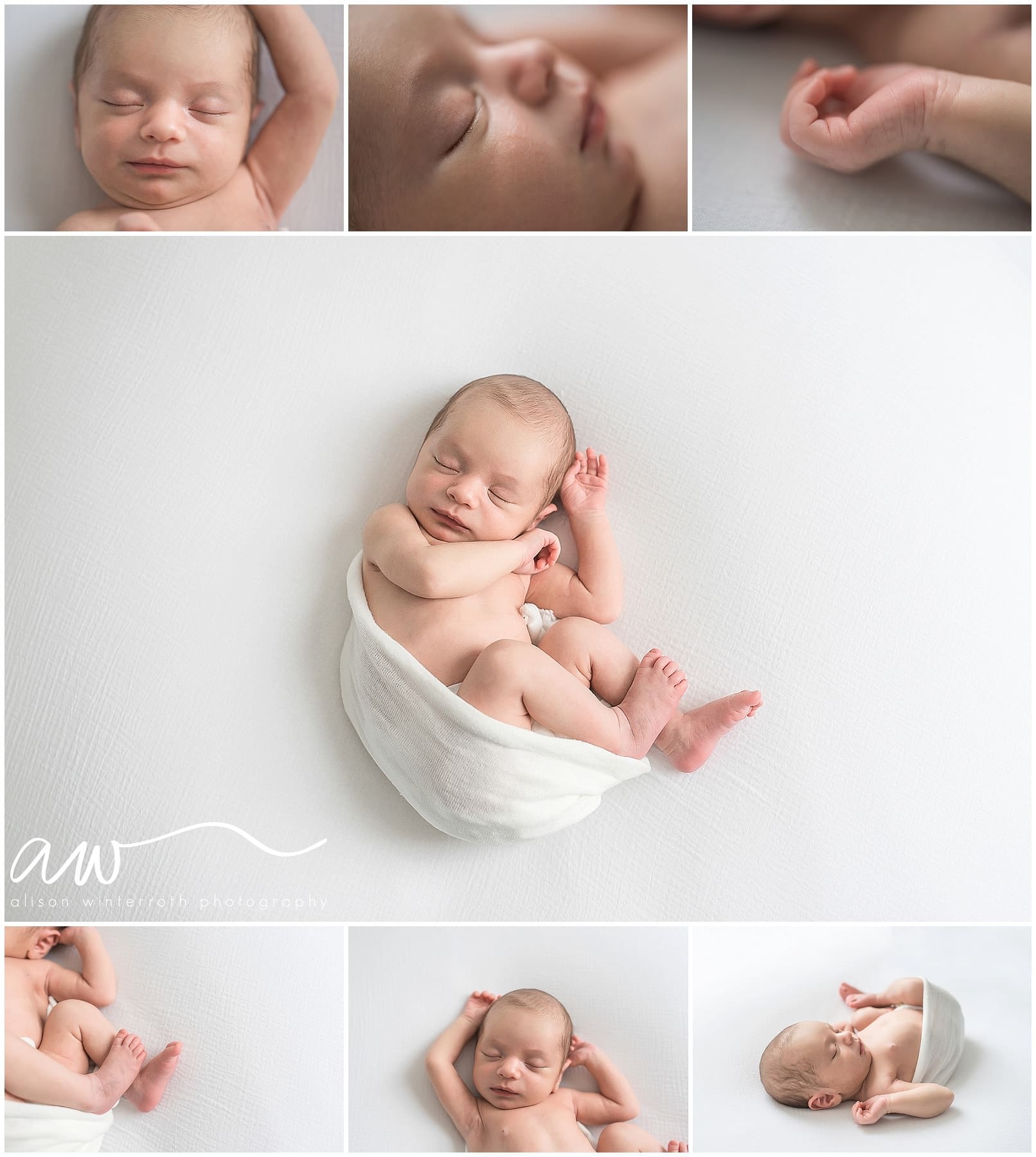 a tiny newborn baby girl on a white neutral blanket