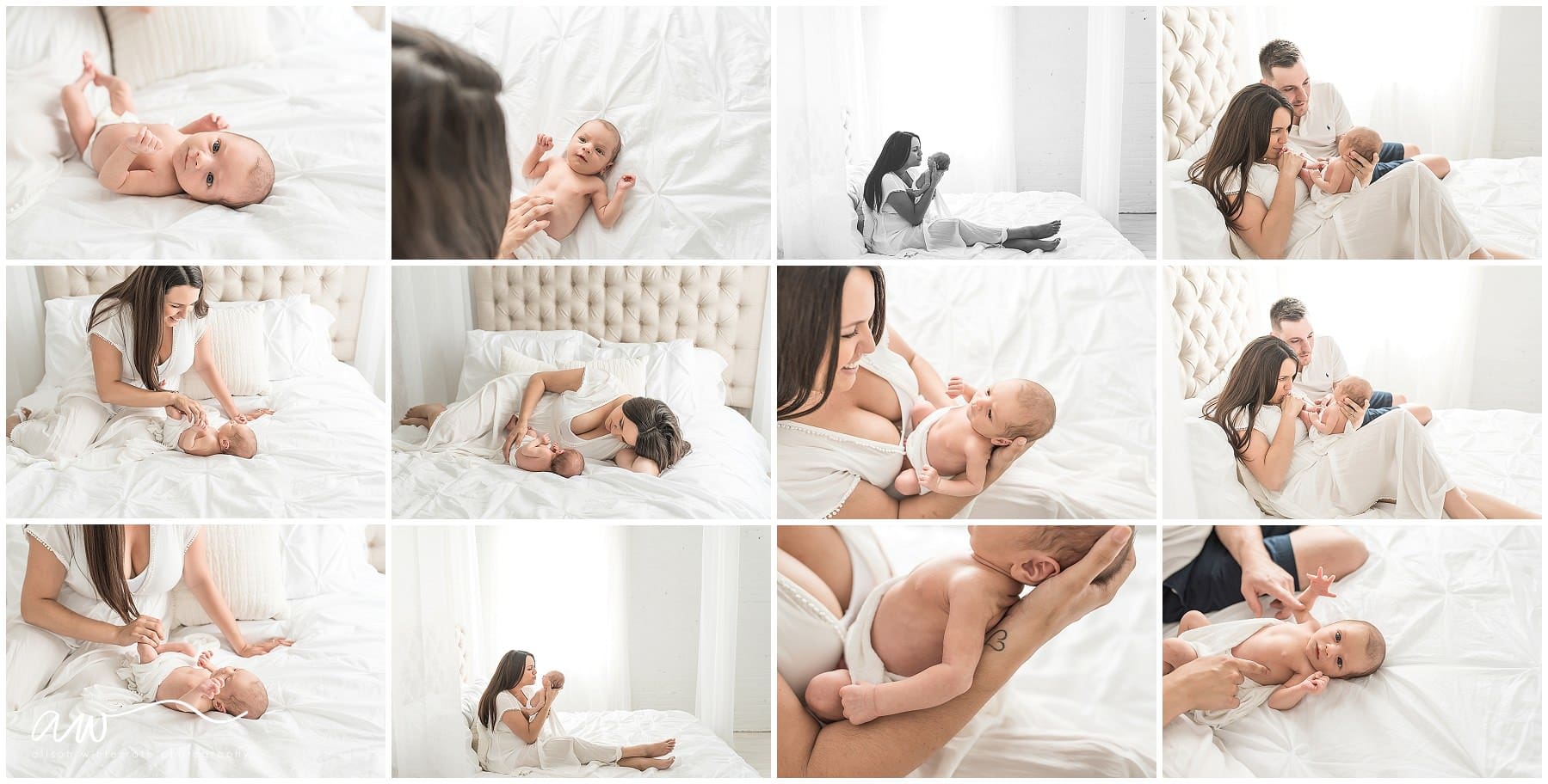 parents looking at their baby on a white bed in a photography studio