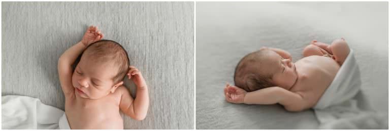a sleepy newborn on a clean white blanket.