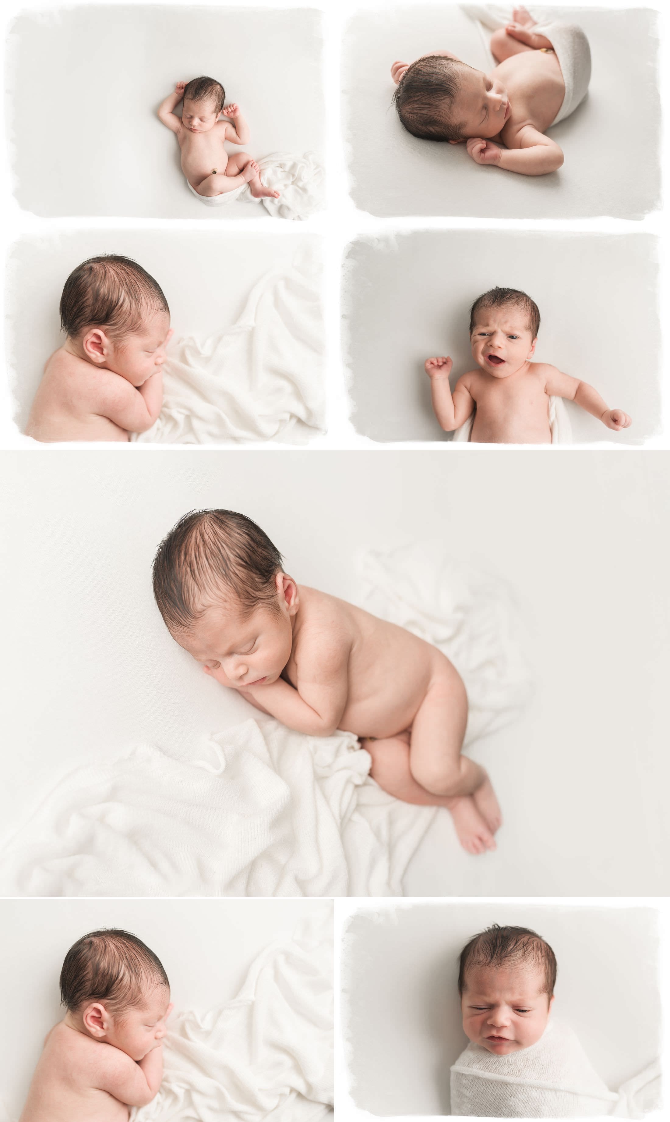 a collage of a newborn baby laying on a white blanket while sleeping sweetly
