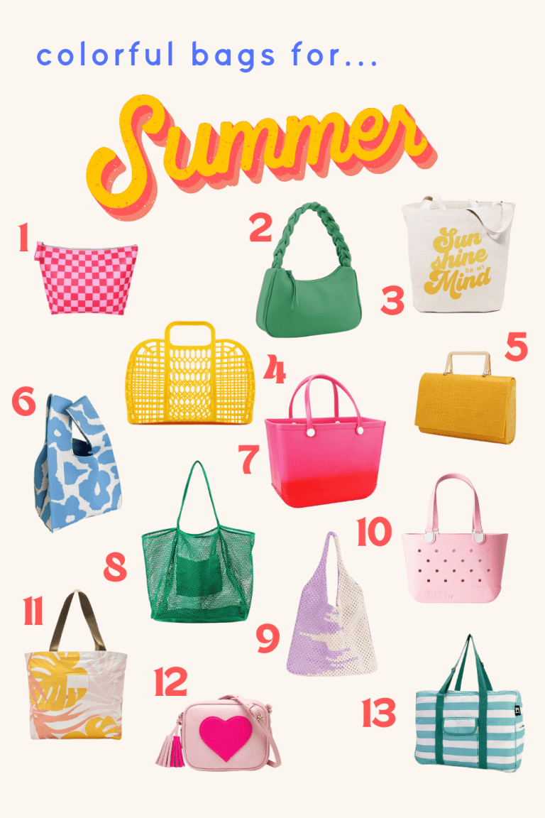 a series of thirteen colorful purses, bags and totes in bright colors