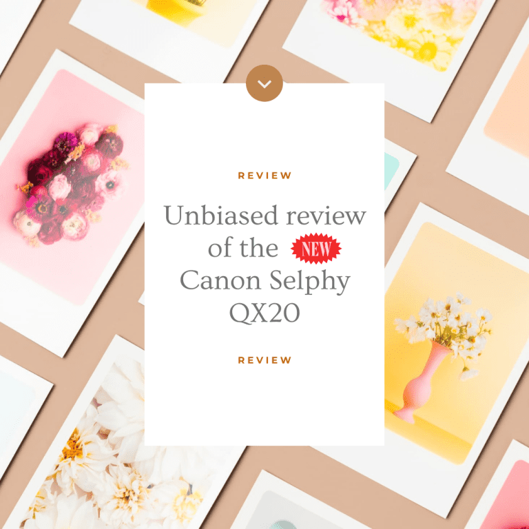 colorful printed photographs on a tan paper showing how the Canon Selphy QX20 photo printer prints.