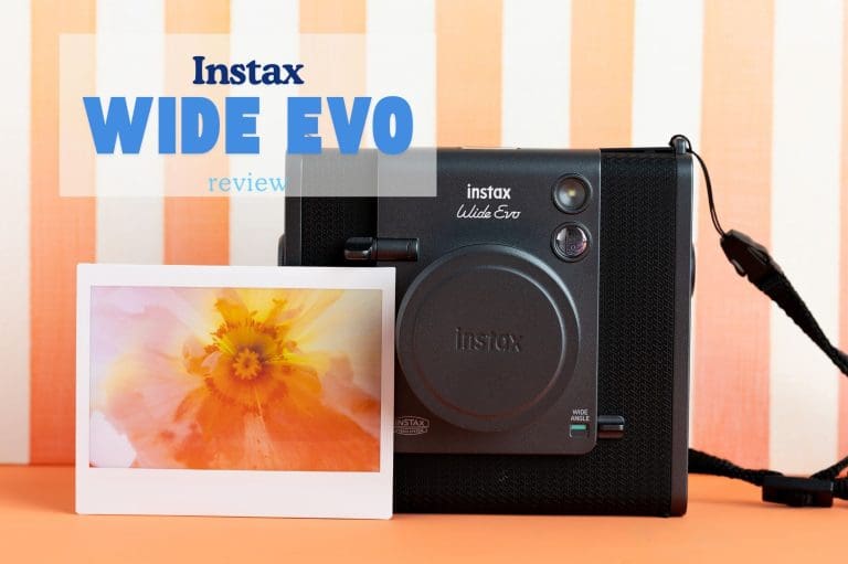 instax wide evo camera and a printed flower photograph