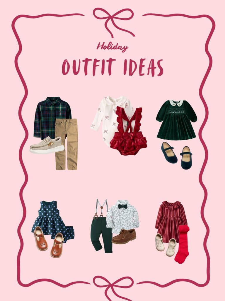 Collage of cute outfits for seeing santa