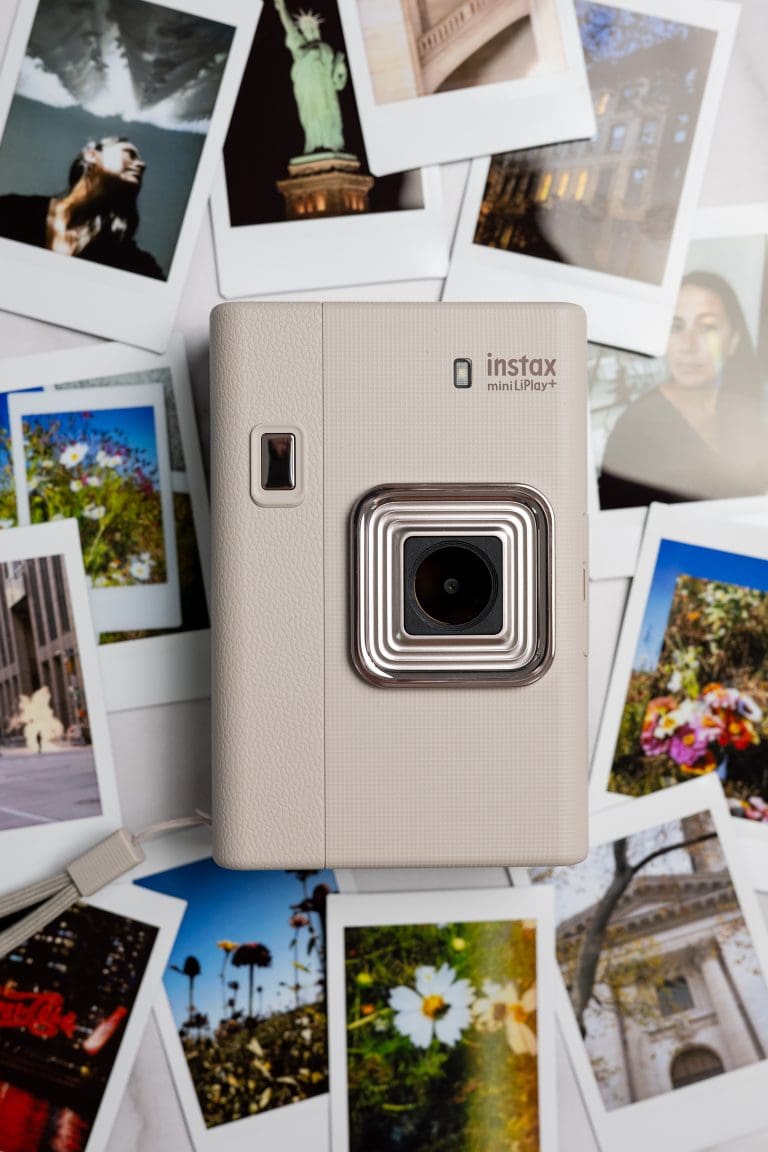 collage of images taken on the instax liplay plus digital hybrid camera with the camera front and center