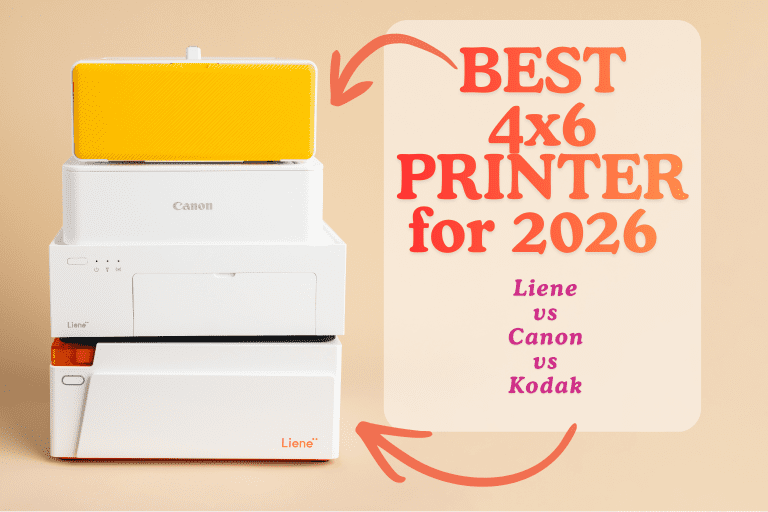 A photo of four instant 4x6 printers the liene m110 , liene m100, canon cp 1500, and Kodak dock 4pass brands compared to each other. Printers are stacked in front of a tan back ground.