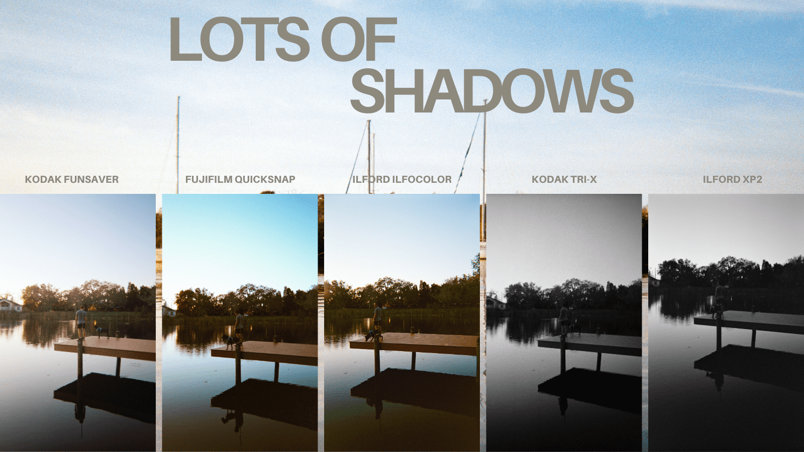 five photographs of a dock on a lake at sunset with lots of shadows
