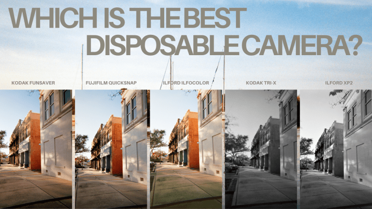 five photographs of a street taken with five disposable cameras.