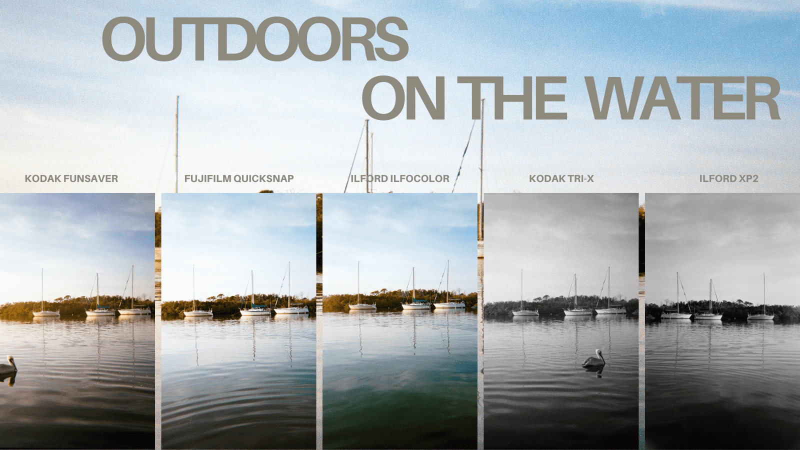 five photographs of boats on the water at sunset with different disposable cameras kodak funsaver, fuji quicksnap, ilford ilfocolor, kodak tri-x, and ilford xp2