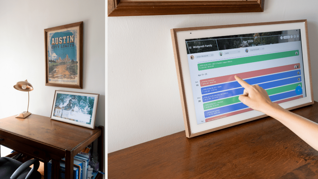 The Apolosign digital calendar on a wooden desk with a boy's hand going through the schedule touching the screen.