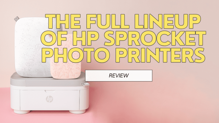 Three HP sprocket printers stacked on top of each other on a pink surface. The printers are the hp 2x3, the 3x4 and the studio plus photo printers.