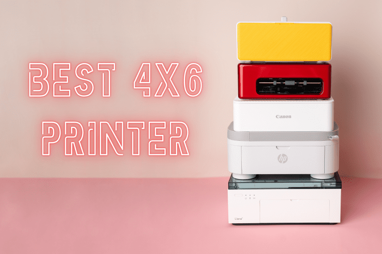 five 4x6 instant printers stacked on top of each other. the hp sprocket studio, the canon selphy cp 1500, the liene m100, polaroid, and the kodak