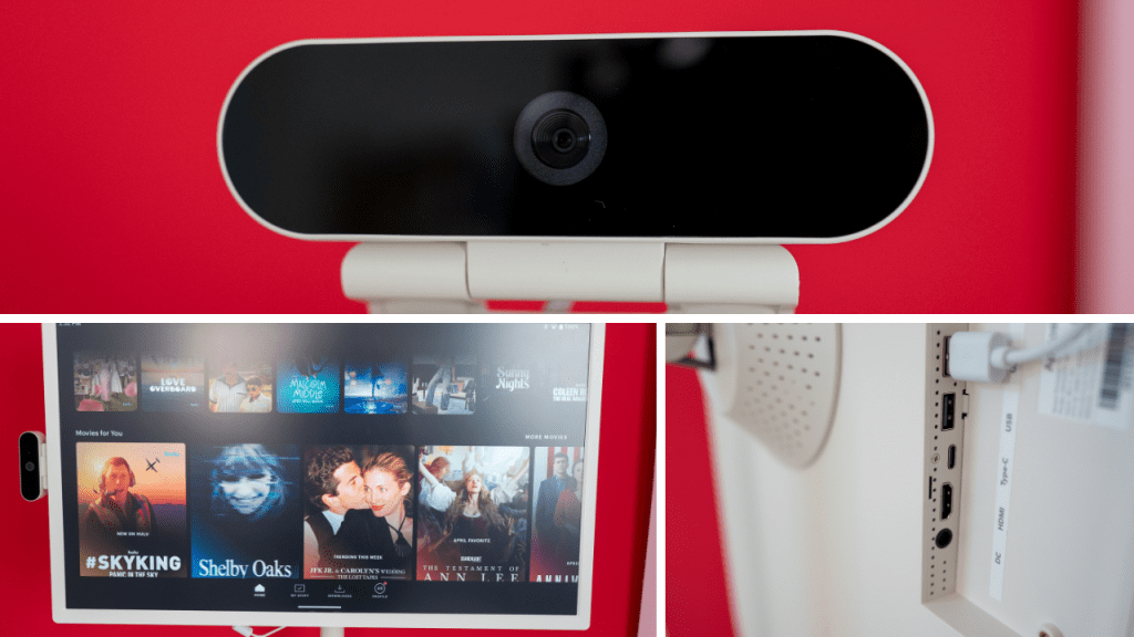three images of the apolosign rotating tv including the webcam, the ports, and the glare free screen