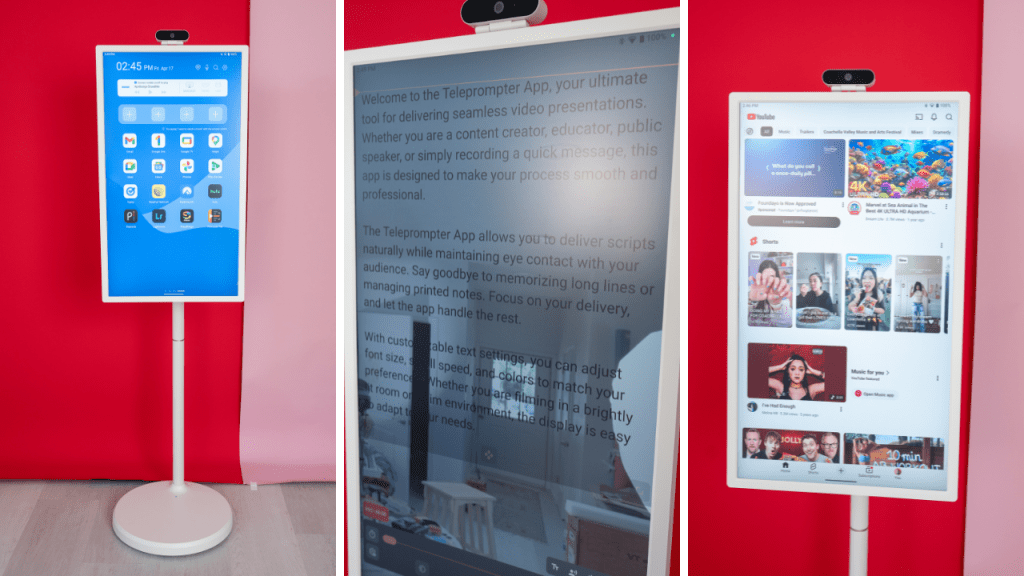 three photographs of the apolosign rotating smart tv on a pink and red background