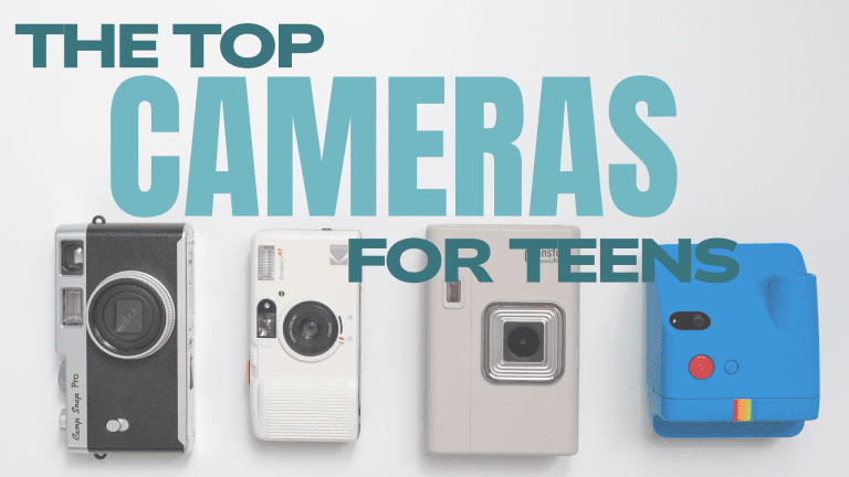 four cameras pictured that are good for teens and tweens: instax liplay + camp snap cs pro, polaroid go gen 2, kodak snapic a1