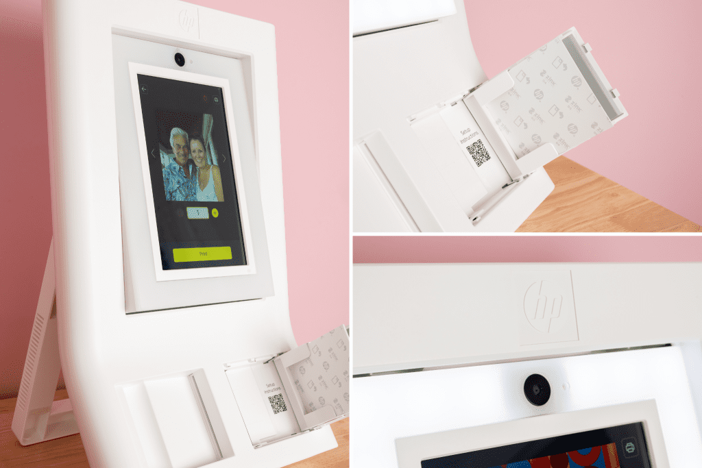 up close details of the HP sprocket photobooth on pink background including the ring light, screen, and camera
