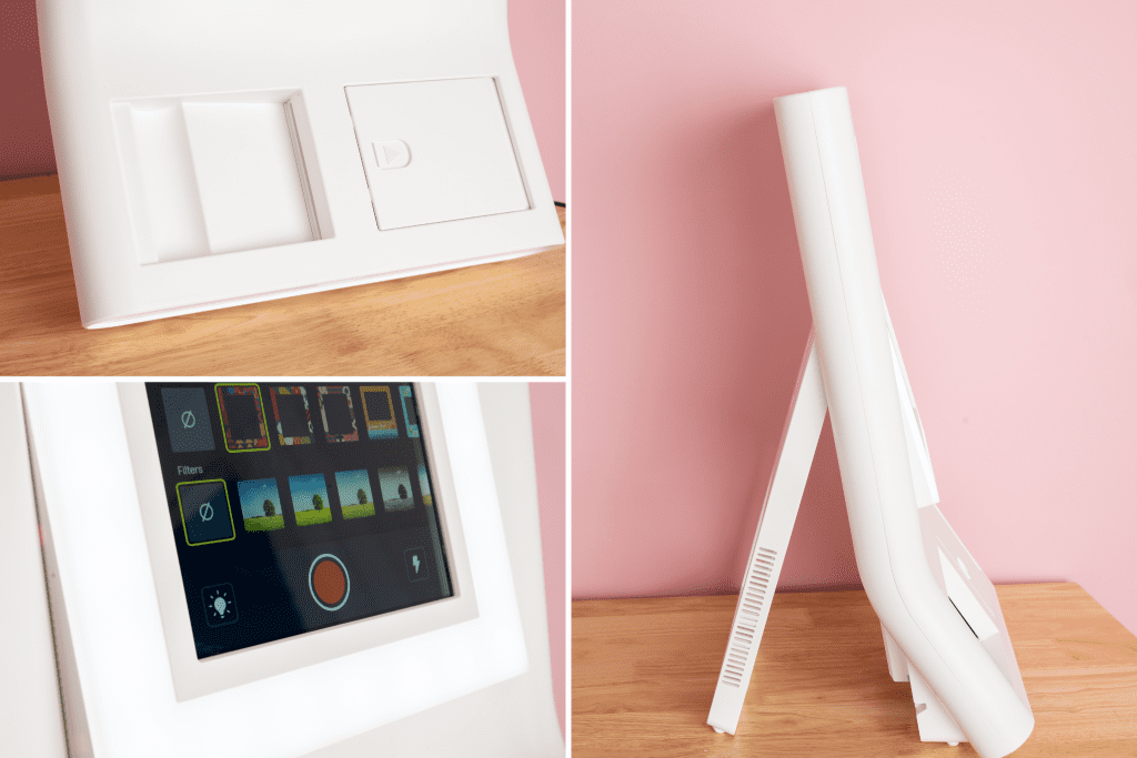 up close details of the HP sprocket photobooth on pink background