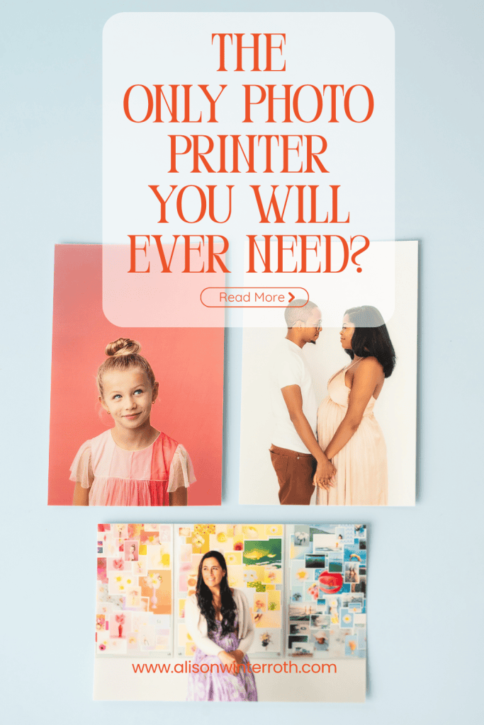 three photos printed using the liene pearl printer. one is of a black couple in front of a white backdrop, one is a woman in front of a colorful backdrop and the third is a blond girl on pink. the photos are printed on a blue background.