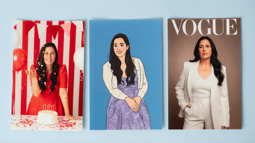 three photographs generated using AI of a brunette woman and printed out.