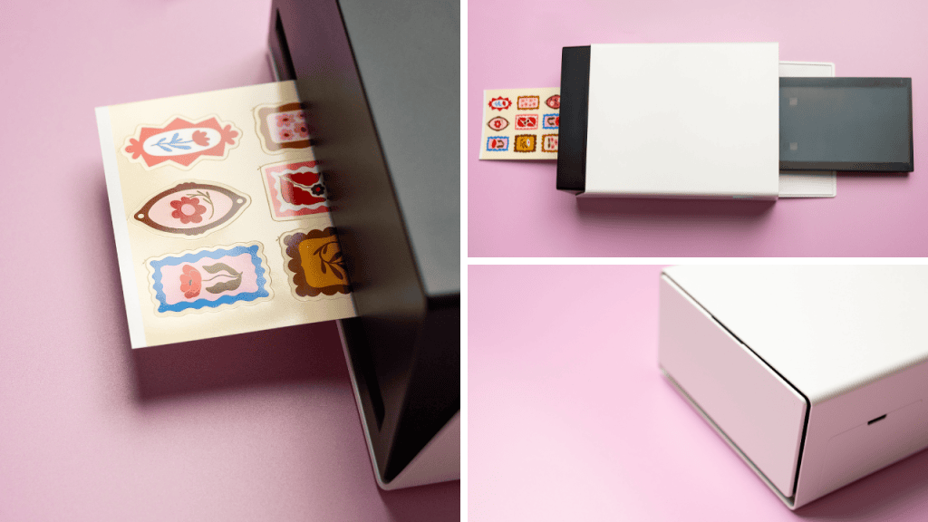 three images of the liene pixcut s1 printer on a pink surface with stickers printing