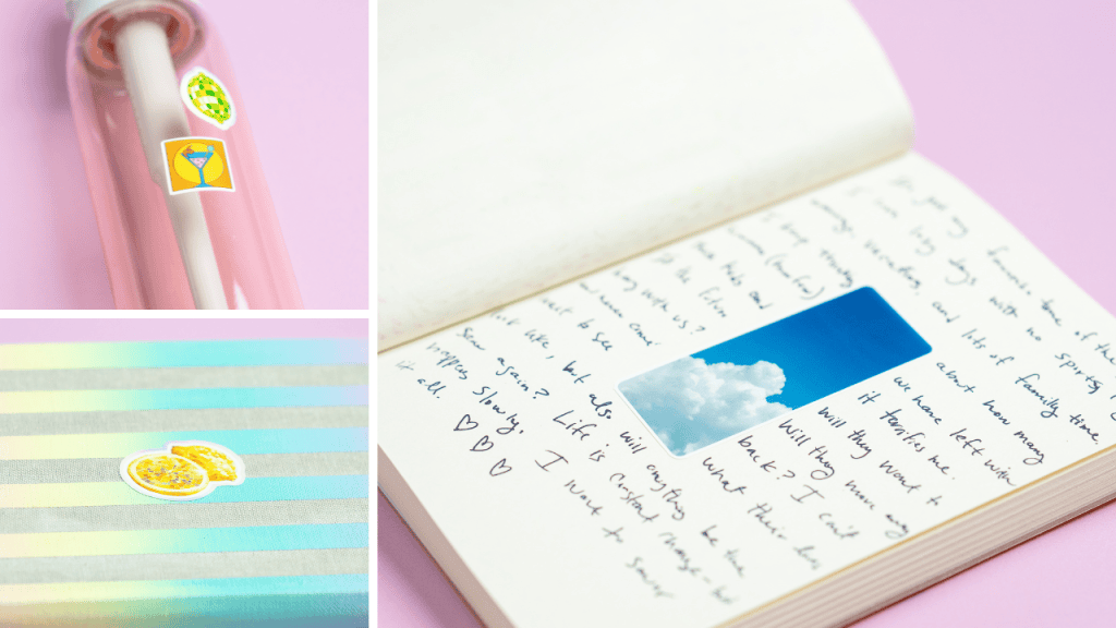 three photos of pixcut stickers stuck to items. A water bottle, a linen journal, and the pages of a journal